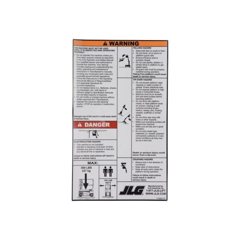 JLG Part # 1706676 - DECAL, 1230ES INSTR./WARNING