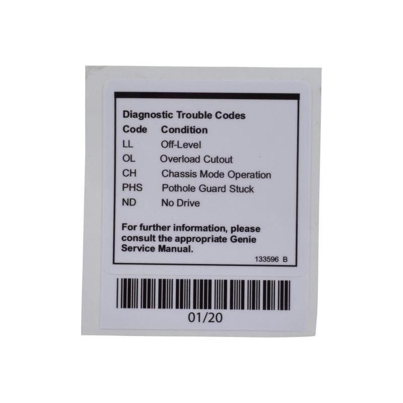 Genie Part 133596, 133596GT DECAL,LABEL,FAULT CODES