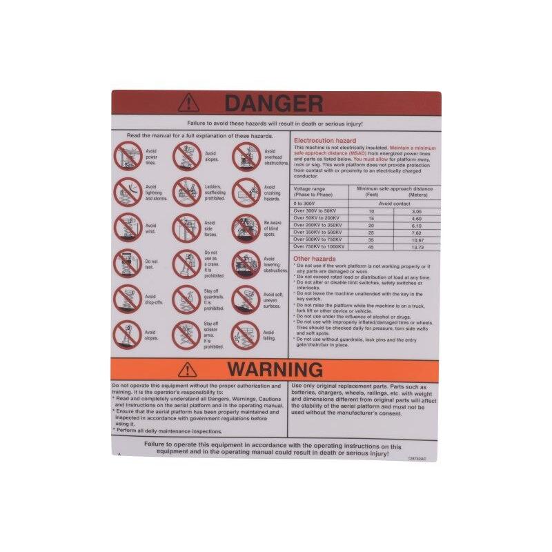 Ｎｏ．３ Skyjack Part # 128742 - Label, VL, Danger/Warning Engl