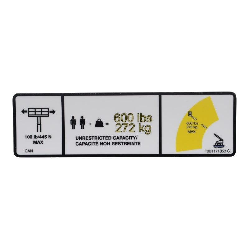 JLG Part # 1001171353 - DECAL, WARNING MAX CAP. (FRE)
