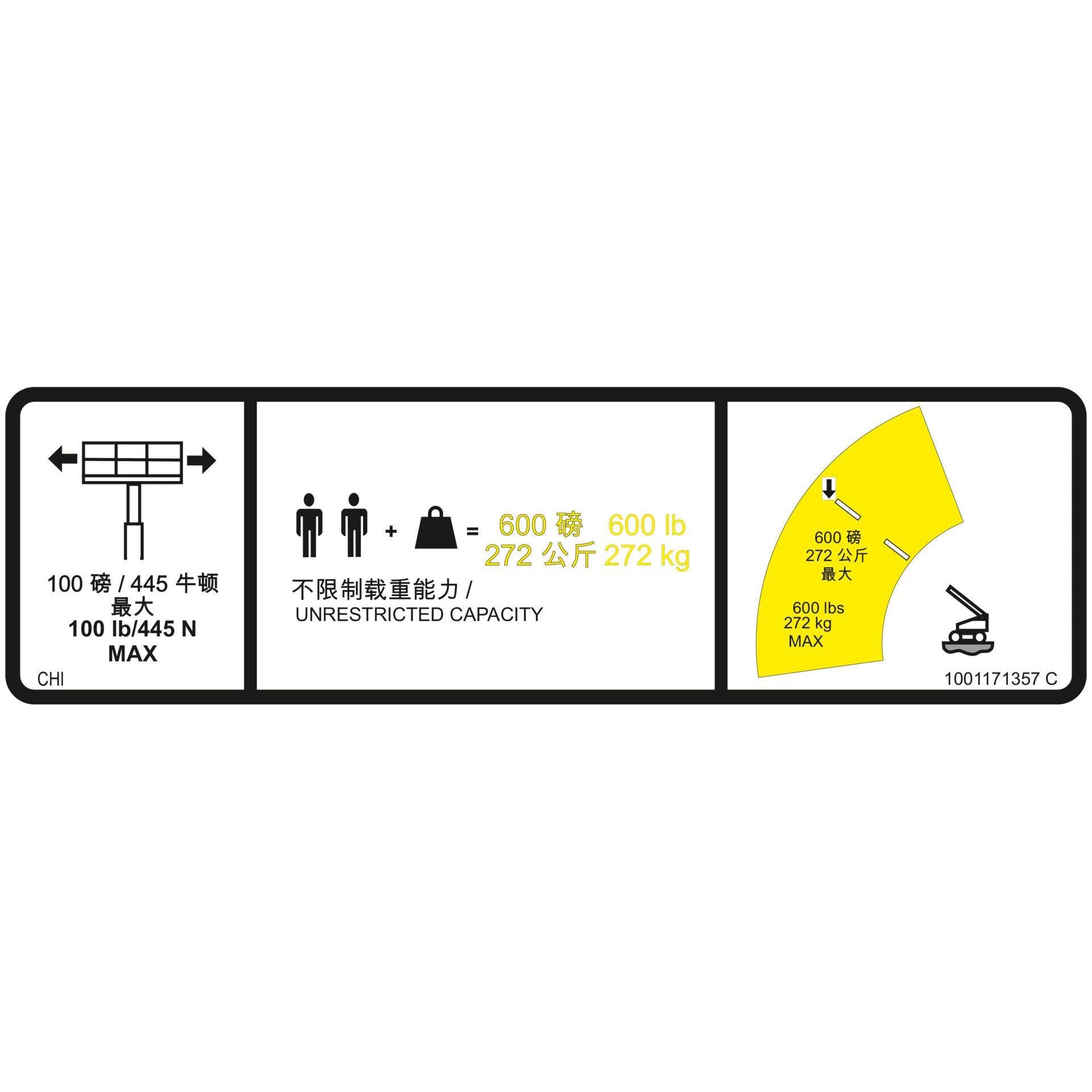 JLG Part # 1001171357 - DECAL, WARNING MAX CAP. (CHI)