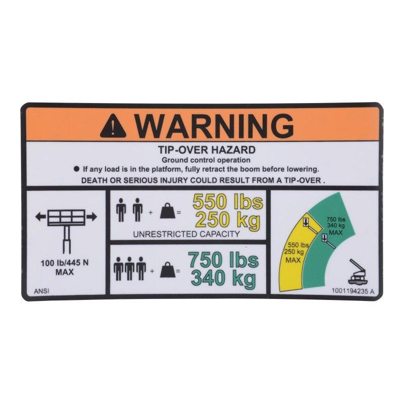 JLG Part # 1001194235 - DECAL, WARNING MAX CAP. (ANSI)