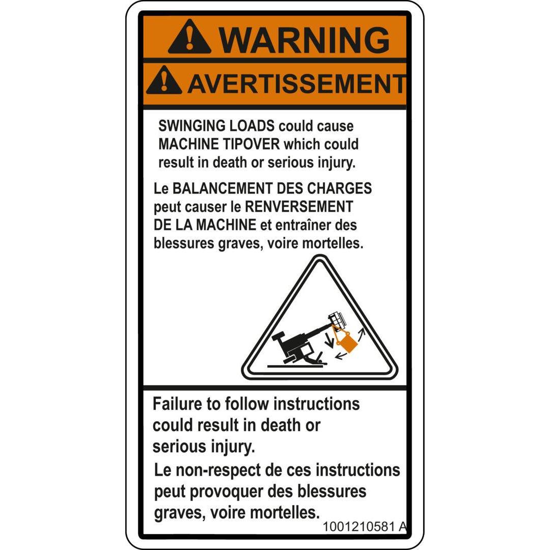 Spring Loaded Warning Sticker JLG Part # 1001210581 - DECAL, DANGER, SWINGING LOADS