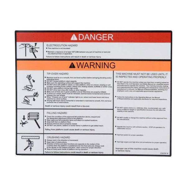 JLG Part # 1703797 - DECAL, WARNING/DANGER PLAT