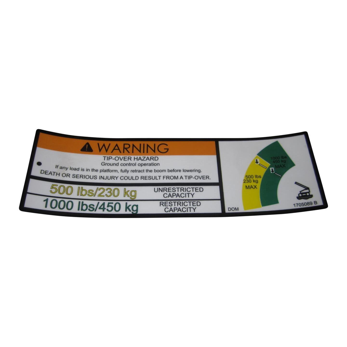 JLG Part # 1705089 - DECAL, DUAL CAP 500# (DOM) MTB
