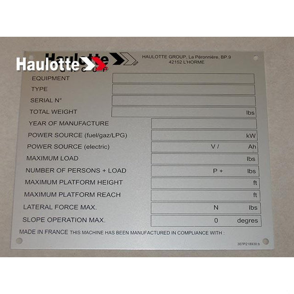 Haulotte Part 307P218930 Image 1