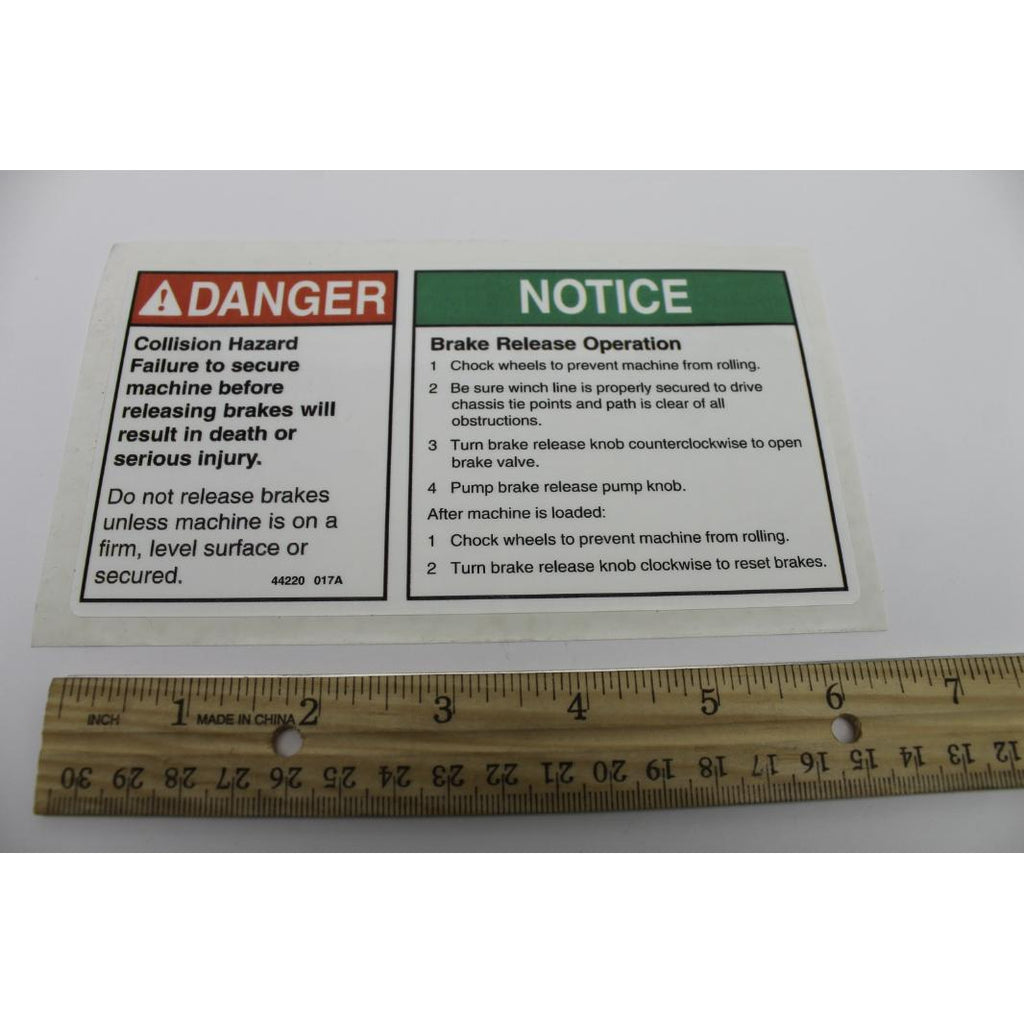 Rel Decals Genie Part # 44220, 44220GT - DECAL,DANGER,BRAKE REL SAFETY*