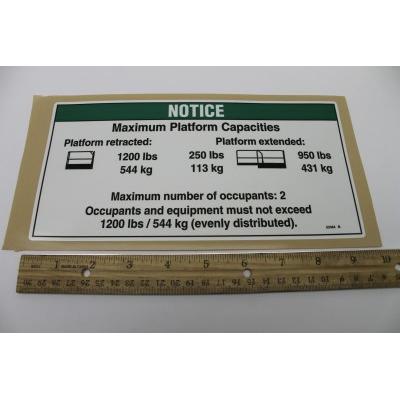 Genie Part # 52084, 52084GT - DECAL, NOTICE, MAX CAP 1200/250*