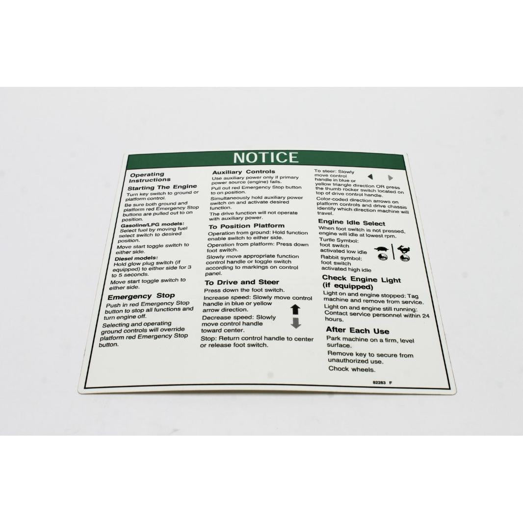 Genie Part # 82283, 82283GT - DECAL, NOTICE, OPER INST.IC***